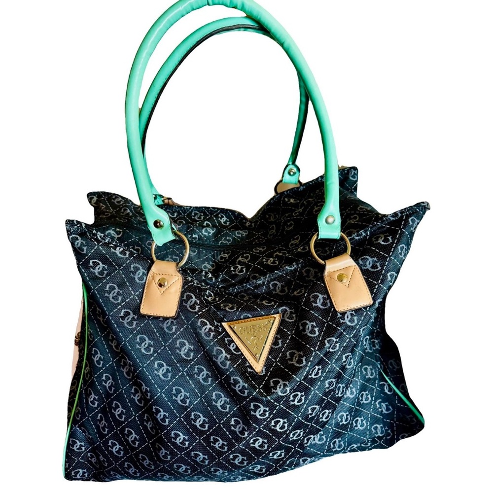 Rare Vintage GUESS¿ Monogram Duffel / LRG tote– Rare 90s Style w/ Teal Handles